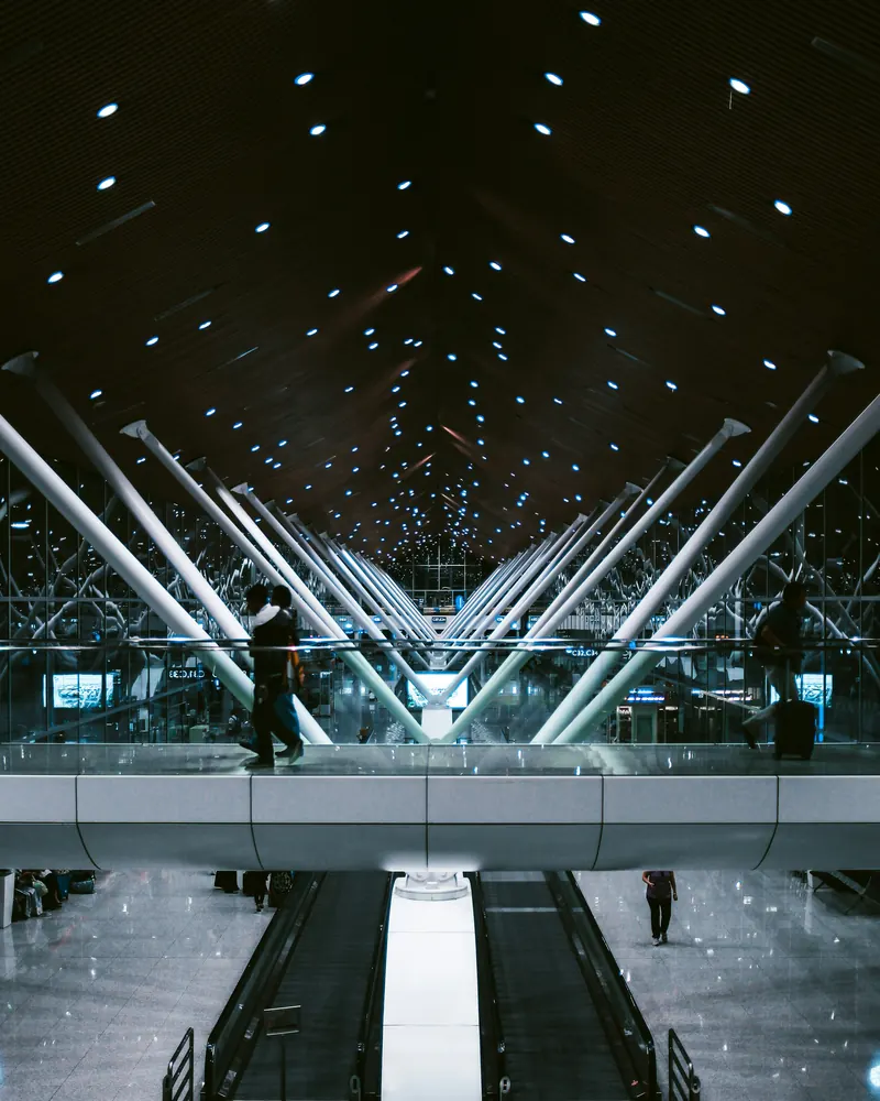 The arrivals hall at Kuala Lumpur International Airport with its tall white columns